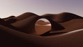 3d illustration Round mirror in sand dunes at sunset