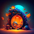 3D illustration of a round tire with autumn leaves and pumpkins AI generated