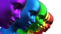 3d illustration. Row of multicolored women. Rainbow. metallic.