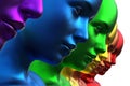 3d illustration. Row of multicolored women. Rainbow. metallic.