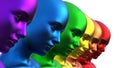 3d illustration. Row of multicolored women. Rainbow. metallic.