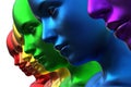 3d illustration. Row of multicolored women. Rainbow. metallic.