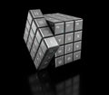3d illustration of Rubik& x27;s cube with keyboard buttons, isolated black