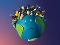 3d illustration. Sad planet Earth flies in space with garbage on his head in the form of a hairstyle