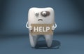 3d illustration. Sad Sick tooth holds a sign saying `help`