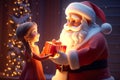 3D illustration of Santa Claus giving gift to a girl. Generative AI. Royalty Free Stock Photo