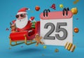 3d illustration Santa claus and reindeer riding sleigh with calendar icon with the date 25th on blue background