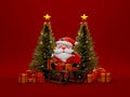 Santa Claus with sleigh and gift bag on red background Royalty Free Stock Photo