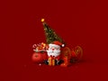 Santa Claus with sleigh and gift bag on red background Royalty Free Stock Photo