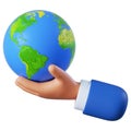 3d illustration. Save the planet icon. Cartoon character hand holds earth globe. Simple clip art isolated on white background Royalty Free Stock Photo