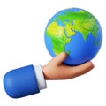 3d illustration. Save the planet icon. Worldwide concept. Cartoon character hand holds earth globe. Simple clip art isolated on Royalty Free Stock Photo