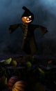 Scarecrow with Pumpkin Head in a Hat and Coat on Night Cornfield. Royalty Free Stock Photo