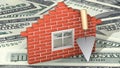 3d illustration: Schematic red brick house with wooden window and glass with a trowel on us dollars banknotes background. Business