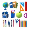 3d illustration of school objects. Globe, notebooks, rulers, knapsack pens, paints. Isolated