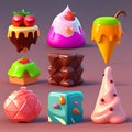 3d illustration of a set of colorful chocolate candies in different shapes