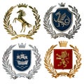 3d illustration set of different heraldic coats of arms. Horse, dragon, ship and lion on shields