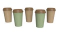 3D Illustration: Set of 5 eco-friendly and recoverable beverage cups Royalty Free Stock Photo
