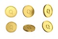 3d illustration Set of gold Guatemalan quetzal coin in different angels on white background