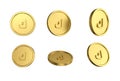 3d illustration Set of gold Kuwaiti dinar coin in different angels on white background