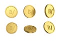 3d illustration Set of gold Panamanian balboa coin in different angels on white background