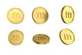 3d illustration Set of gold Turkmen new manat coin in different angels on white background