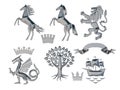 3D illustration set of silver heraldic symbols. Lion, horse, tree, ribbon, crown, ship, dragon