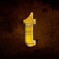 3D illustration shiny yellow iron letter t, rusty metal surfac