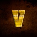 3D illustration shiny yellow iron letter v, rusty metal surfac