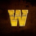 3D illustration shiny yellow iron letter w, rusty metal surfac