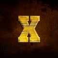 3D illustration shiny yellow iron letter x, rusty metal surfac