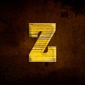 3D illustration shiny yellow iron letter z, rusty metal surfac