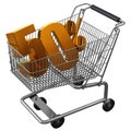 3D illustration of Shopping cart with 50 pocent discount in gold isolated