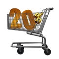 3D illustration of Shopping cart with 20 pocent discount in gold isolated