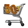 3D illustration of Shopping cart with 50 pocent discount in gold isolated