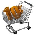 3D illustration of Shopping cart with 10 pocent discount in gold isolated