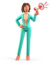 3D illustration of shouting african american woman holding a speaker. Cute cartoon businesswoman in green suit Royalty Free Stock Photo