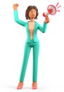 3D illustration of businesswoman announcing over the loudspeaker by raising her knuckle