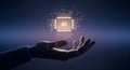 Futuristic AI Chip in Robotic Hand: Digital Innovation and Future Technology Concept for Business Professionals. Royalty Free Stock Photo