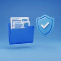 Blue Folder with Documents and Shield Icon with Checkmark on Blue Background files data Royalty Free Stock Photo