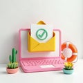 3D illustration shows laptop with email confirmation. Yellow envelope with green checkmark on screen. Computer screen shows Royalty Free Stock Photo