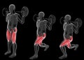 3d illustration of the positions sequence of alternate front lunges with barbell on black background