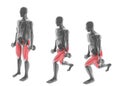 3d illustration of the positions sequence of alternate front lunges with dumbbell on withe background