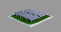 3d illustration side view of a stylized solar farm, solar battery system. a square with a green lawn.