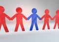 3D illustration of silhouette of people united as blue and red paper cut out and holding hands in a circle Royalty Free Stock Photo