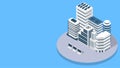 3D illustration of skyscraper architecture with solar panels on blue background.