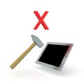 3D illustration of sledgehammer smashing tablet with red x above