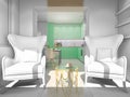 3d illustration of small apartments in pastel colors. Interor design living room and kitchen in modern style Royalty Free Stock Photo