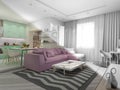 3d illustration of small apartments in pastel colors. Interor design living room and kitchen in modern style Royalty Free Stock Photo