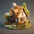 3d illustration of a small cottage with flowers and trees Royalty Free Stock Photo