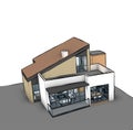 3d illustration of a small modern house of two floors with pitched roof and terrace on upper floor. Royalty Free Stock Photo